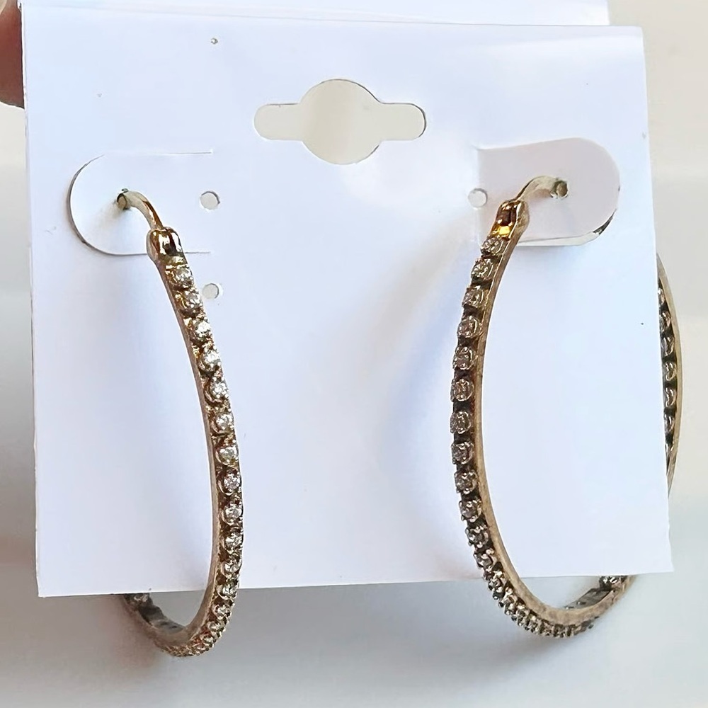 Dee Berkley Gold Vermeil Inside Out CZ Crystal Hoop Earrings 925 Sterling Silver - Picture 5 of 15